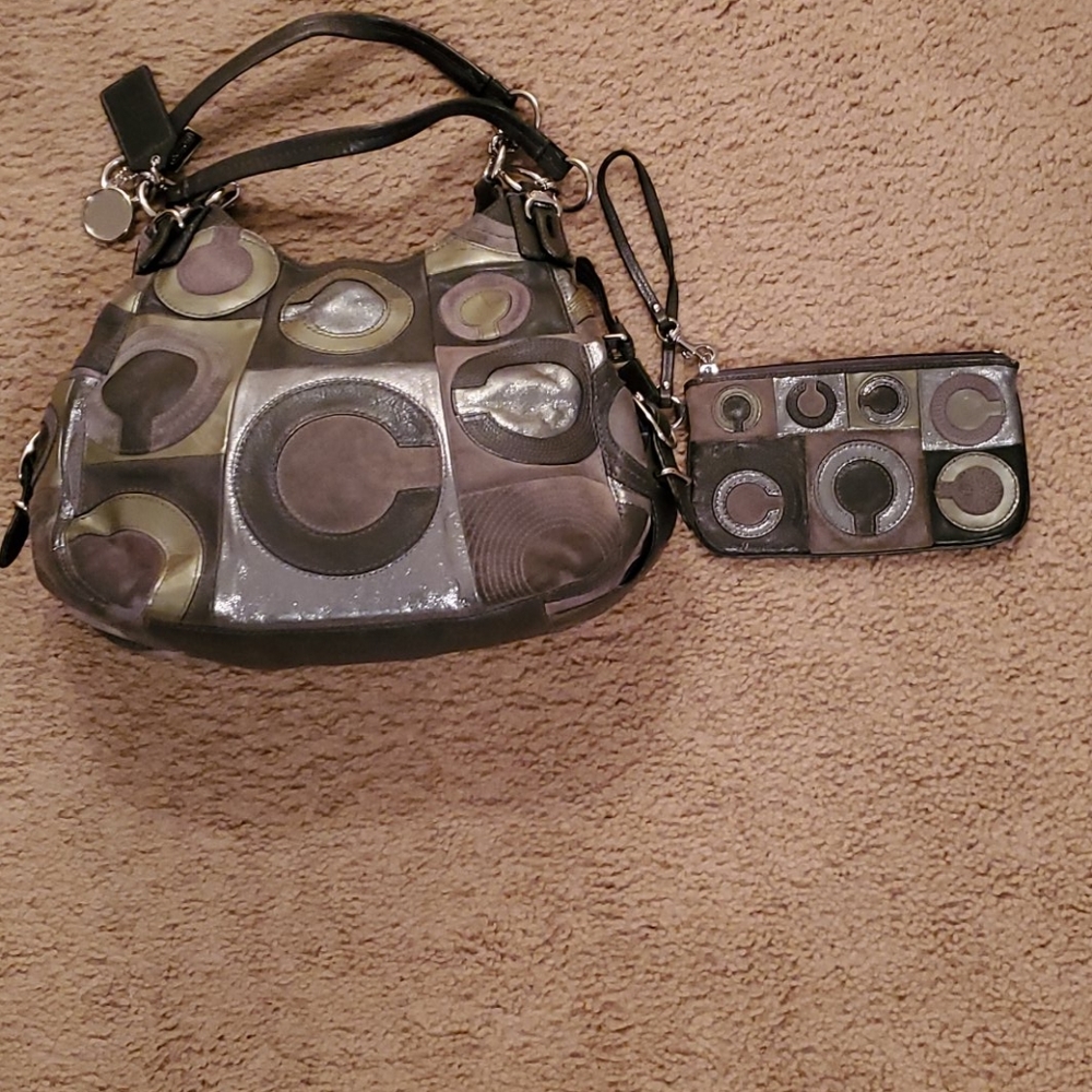 Grey patchwork Coach purse & matching wristle